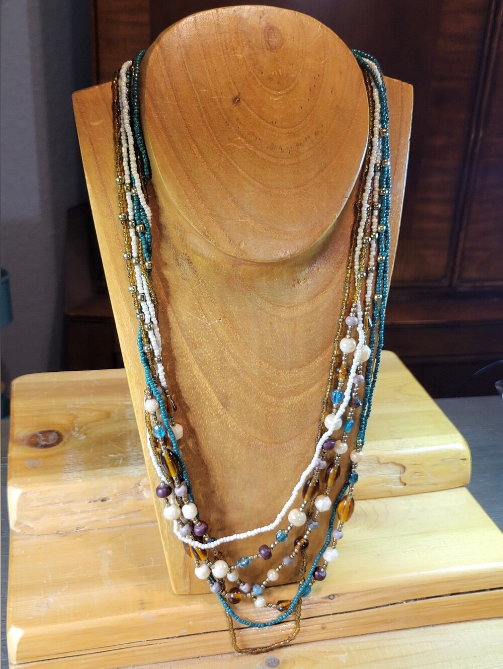 Multi-Strand Teal, Amber and Off White Beaded Necklace - Layered Women’s Jewelry